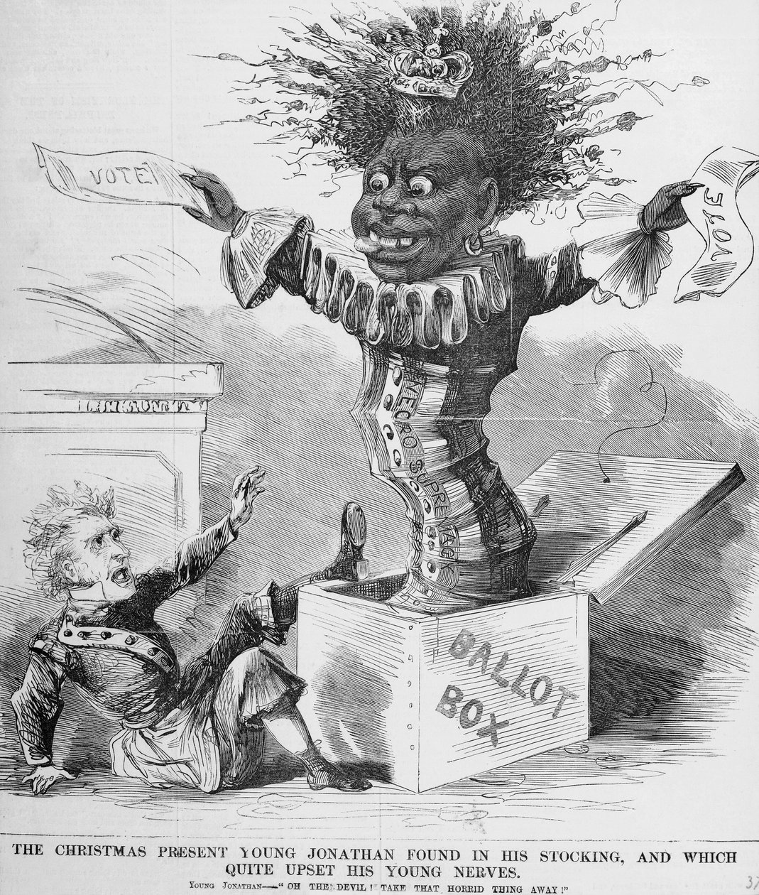 Politická karikatura zobrazující prezidenta Andrewa Jacksona (1767–1845) vystrašeného vyhlídkou na černé hlasování v Americe od American School