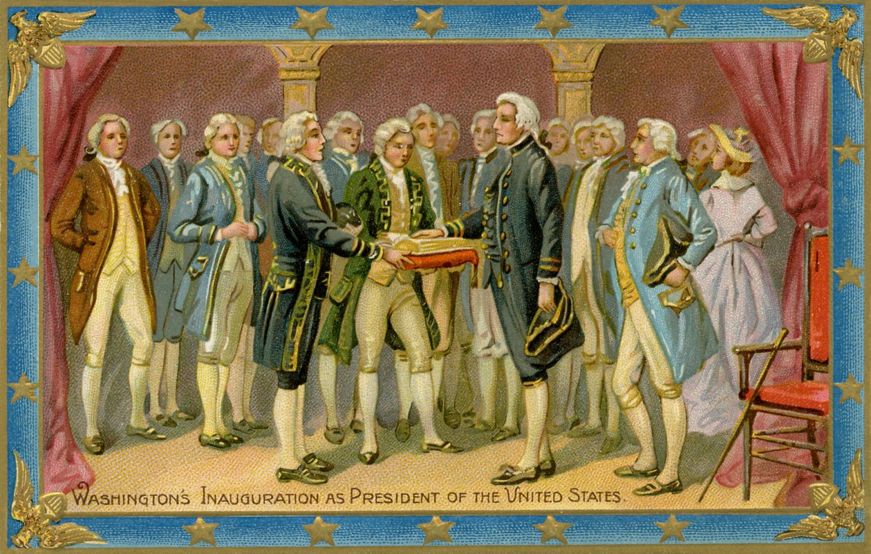 Pohlednice zachycující prezidentskou inauguraci George Washingtona (tisk) od American School