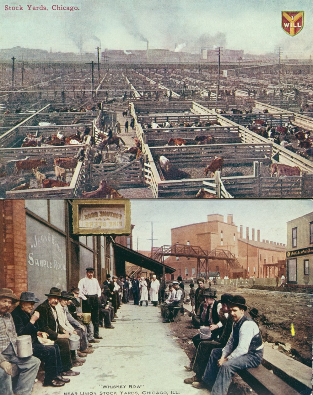 Pohlednice zobrazující skladiště a jatka v Chicagu a dělníky s kbelíky na oběd o přestávce ve Whisky Row, kolem roku 1910 (barevné fotografie) od American School