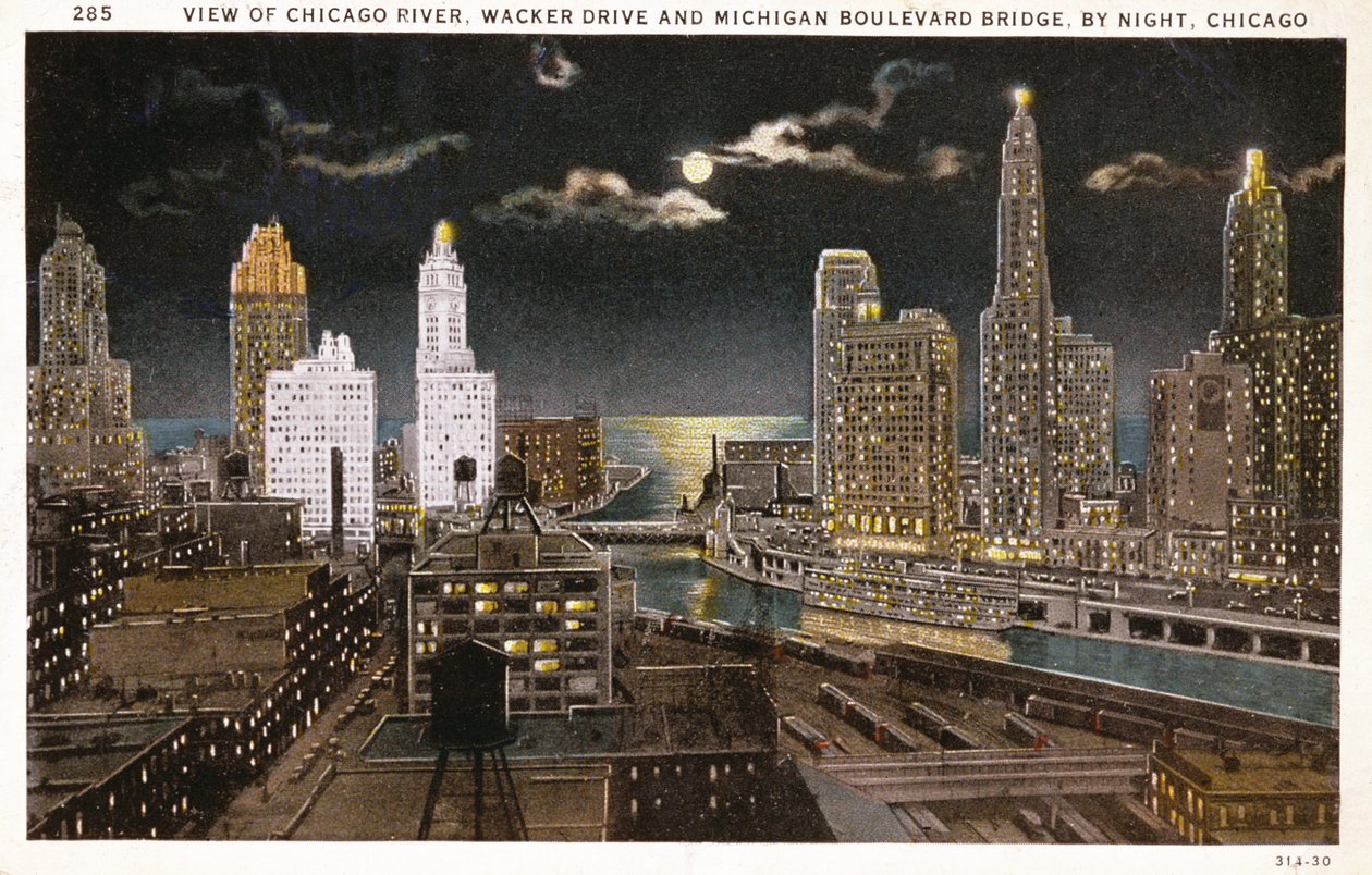 Pohlednice nočního Chicaga, asi 1930 od American School