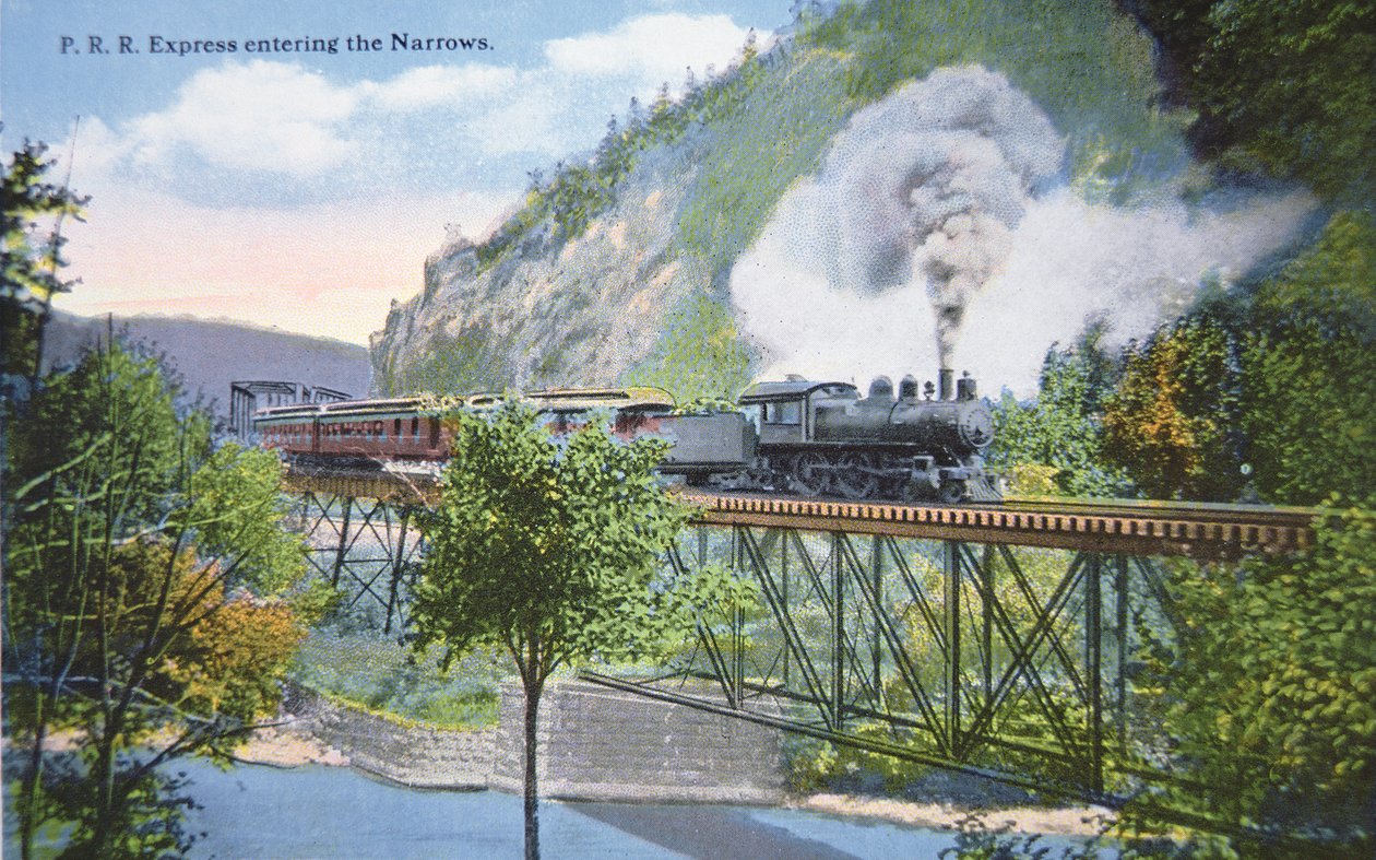 Pohlednice Pennsylvanského železničního expresu vjíždějícího do Narrows v Cumberland, Maryland, kolem roku 1910 (barevné lito) od American School