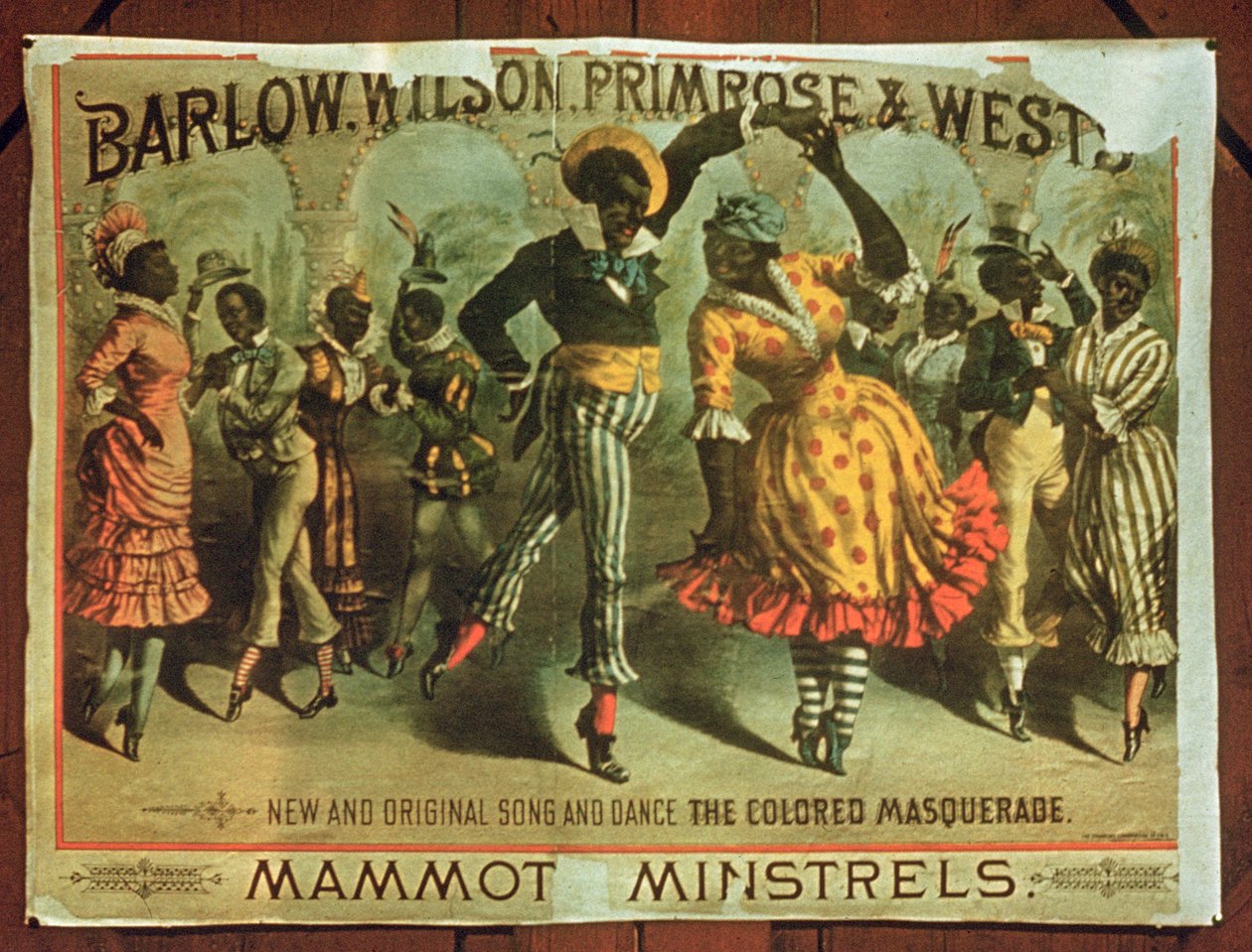 Plakát propagující Barlow, Wilson, Primrose a Wests Mammot Minstrels Colored Masquerade od American School