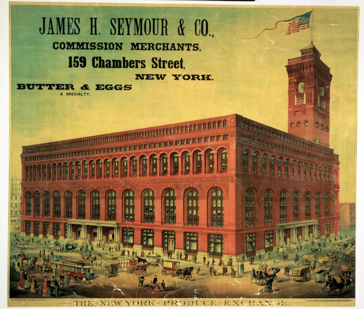 Reklamní plakát James H. Seymour & Co. Commission Merchants na New York Produce Exchange, vyrytý Sacketem, Wilhelmsem a Betzigem, kolem roku 1885 od American School