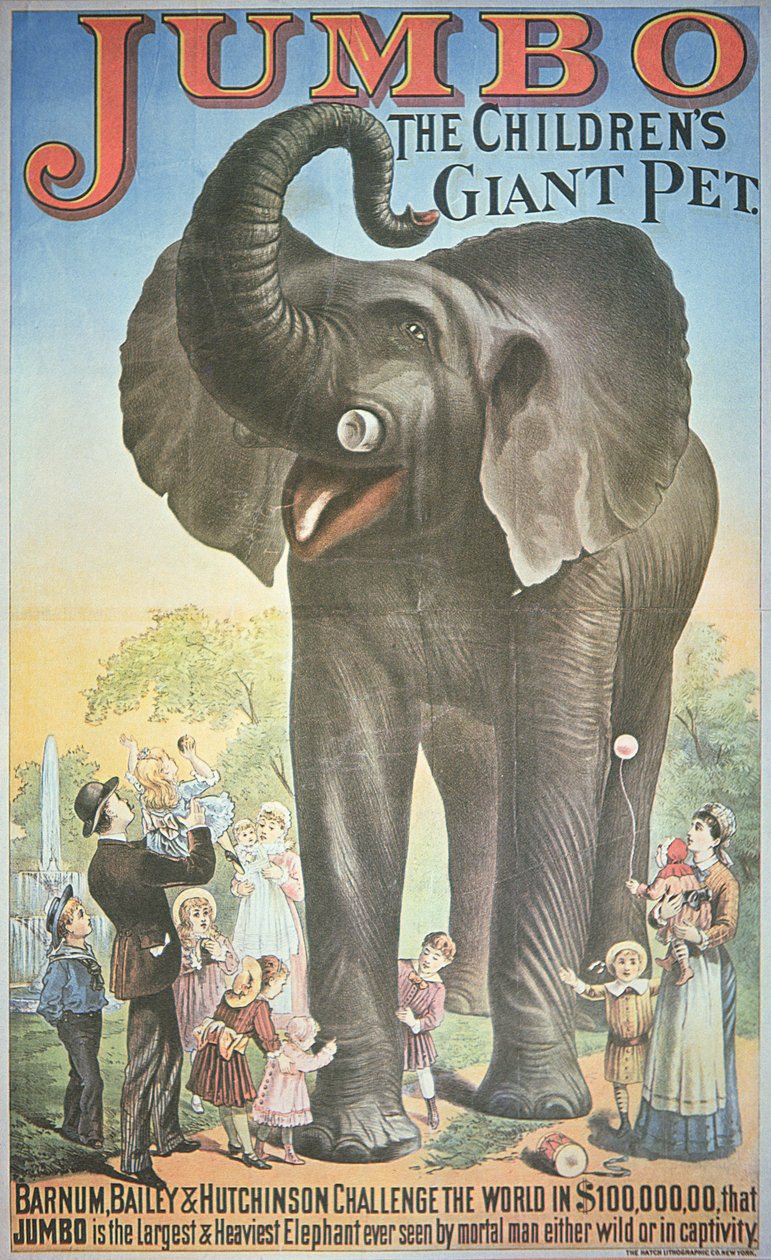 Plakát s reklamou „Dětský obří mazlíček Jumbo“ v „Barnum, Bailey & Hutchinson Circus“, kolem roku 1900 (barevné lito) od American School