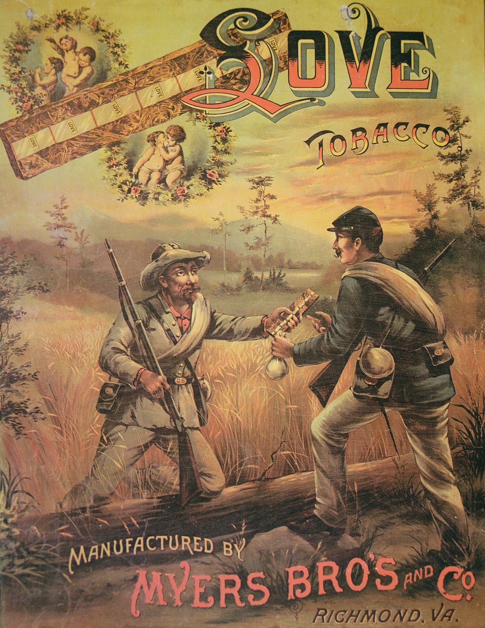 Reklamní plakát „Love Tobacco“ vyrobený společností Myers Bros. & Co., Richmond, Virginia od American School