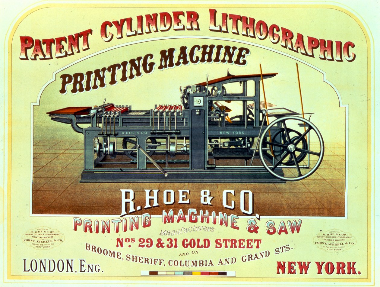 Plakát s reklamou Patent Cylinder Lithographic Printing Machine, R. Hoe & Co., Londýn a New York od American School