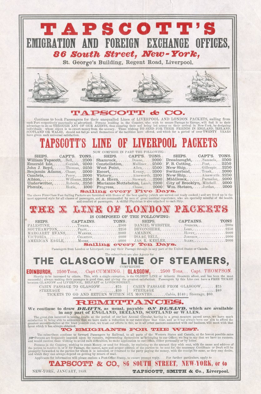 Reklamní plakát Tapscotts Emigration and Foreign Exchange Offices, New York, leden 1859 od American School