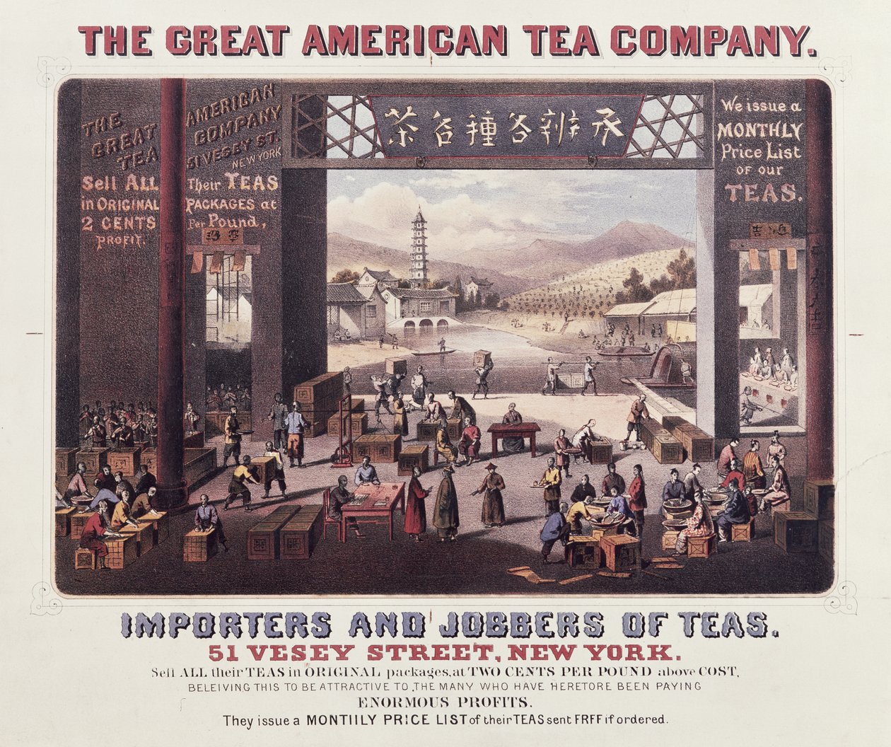 Plakát propagující společnost The Great American Tea Company, dovozce a prodejce čajů od American School