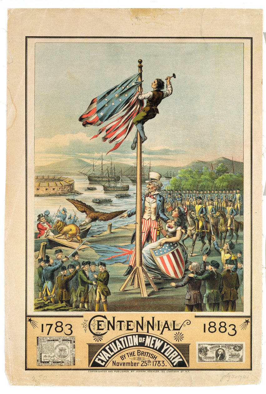 Plakát propagující sté výročí evakuace New Yorku Brity 25. listopadu 1783, 1883 od American School