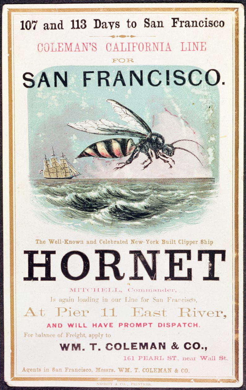 Plakát inzerující stříhací loď „Hornet“ z New Yorku do San Francisca od American School