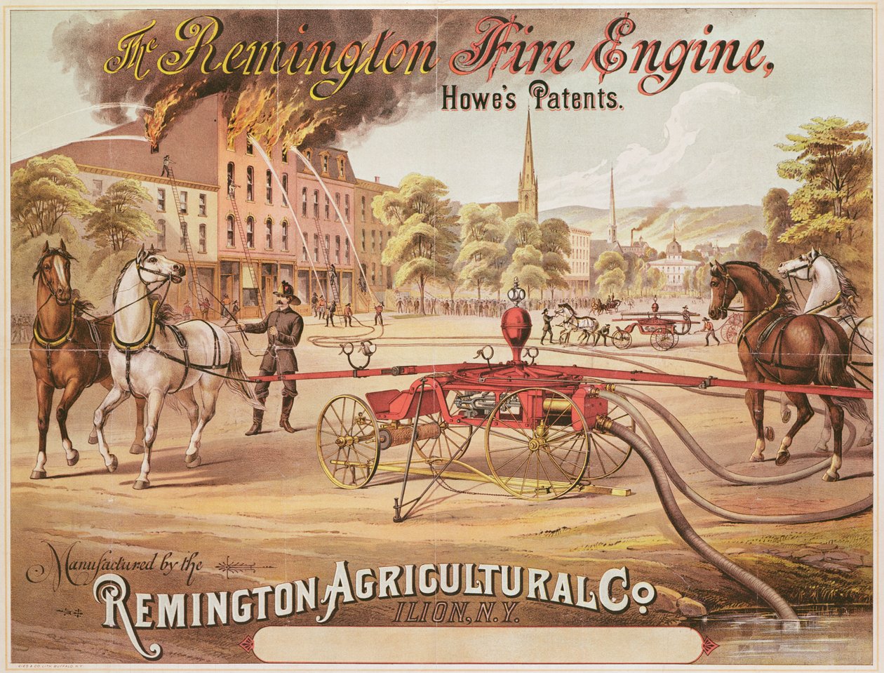 Plakát propagující hasičský motor Remington vyrobený společností Remington Agricultural Company, kolem roku 1890 od American School