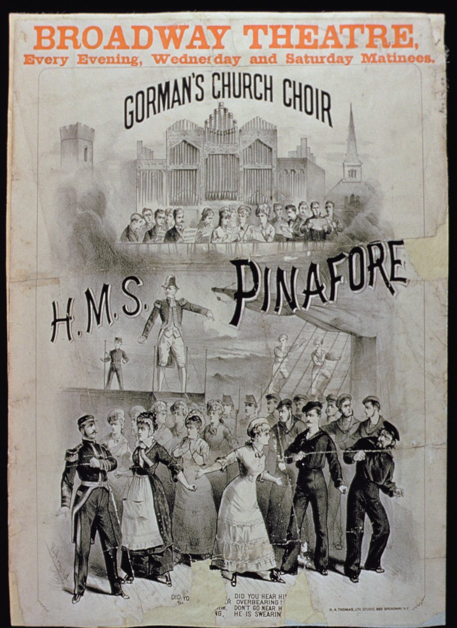 Plakát k HMS Pinafore v podání Gormans Church Choir v Divadle Broadway od American School