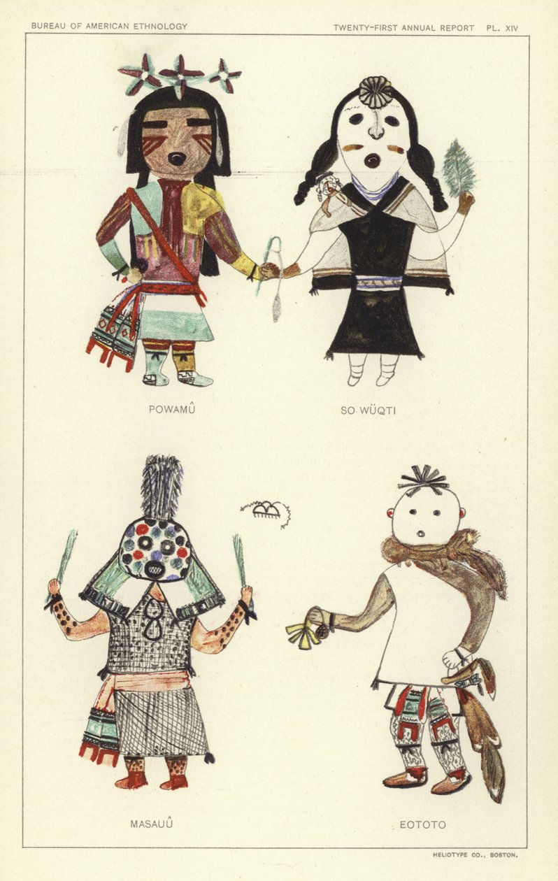 Powamu, So Wuqti, Masauu, Eototo (barevná litografie) od American School
