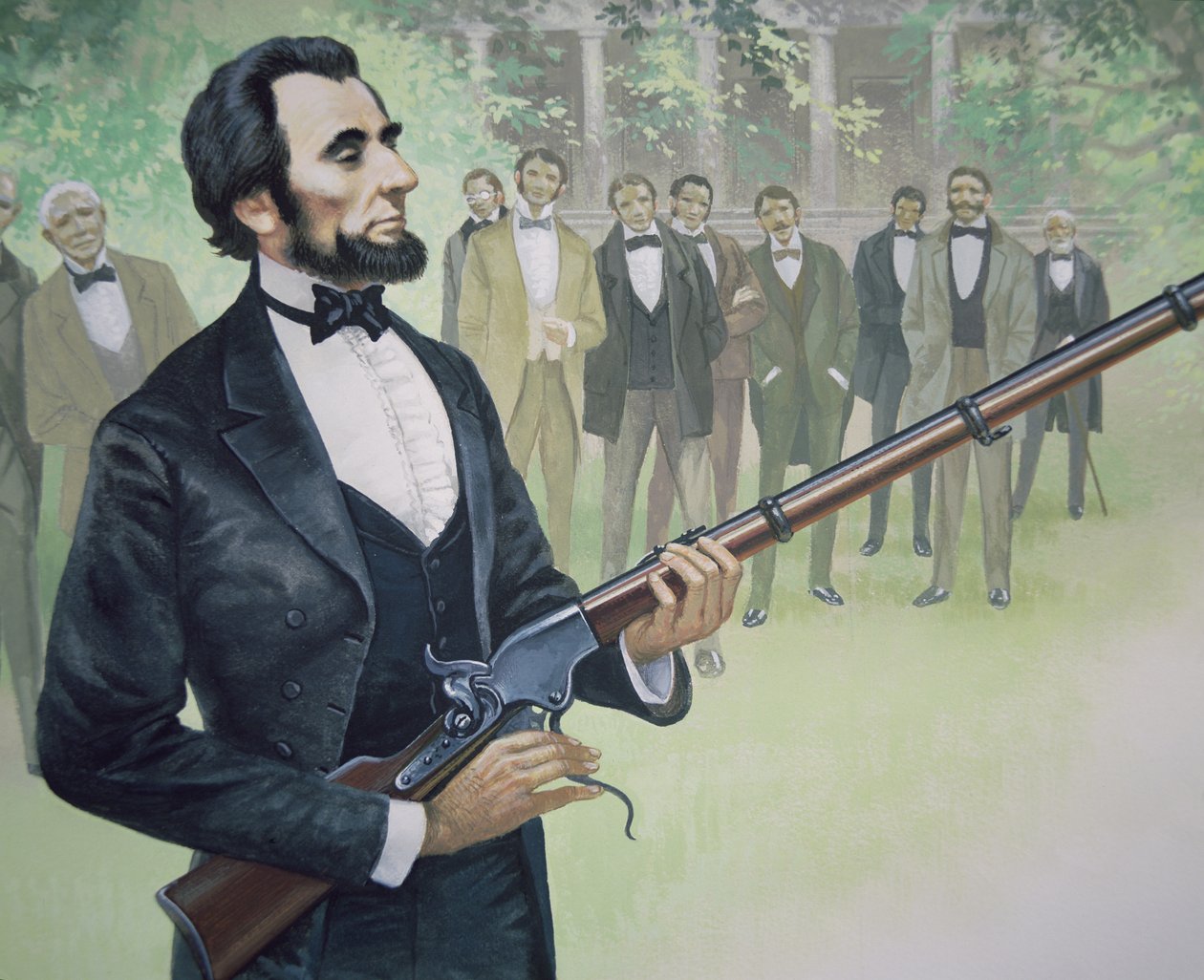 Prezident Abraham Lincoln testuje střelbu ze sedmiranné opakovací pušky Spencer v srpnu 1863 (barva litho) od American School