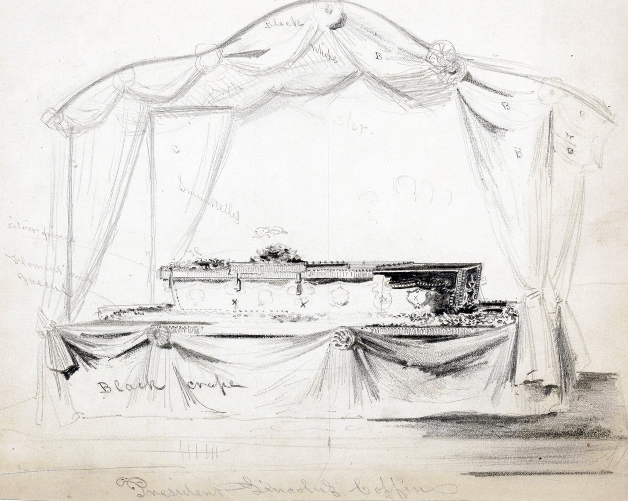 Rakev prezidenta Abrahama Lincolna ležící ve státě v Bílém domě, Washington D.C., duben 1865 (tužka, inkoust a mytí na papíře) od American School