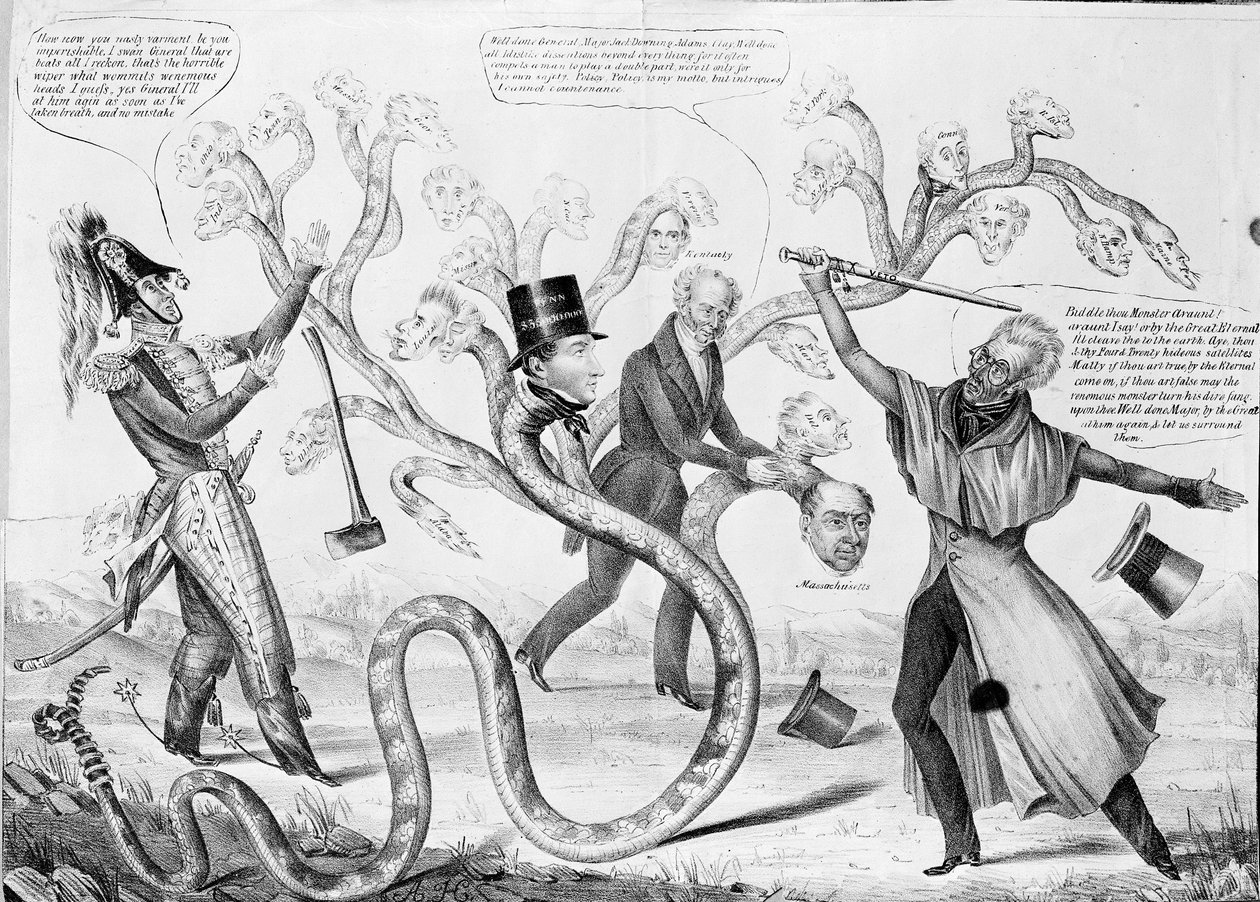 Prezident Andrew Jackson (1767-1845) zabíjející Hydru od American School