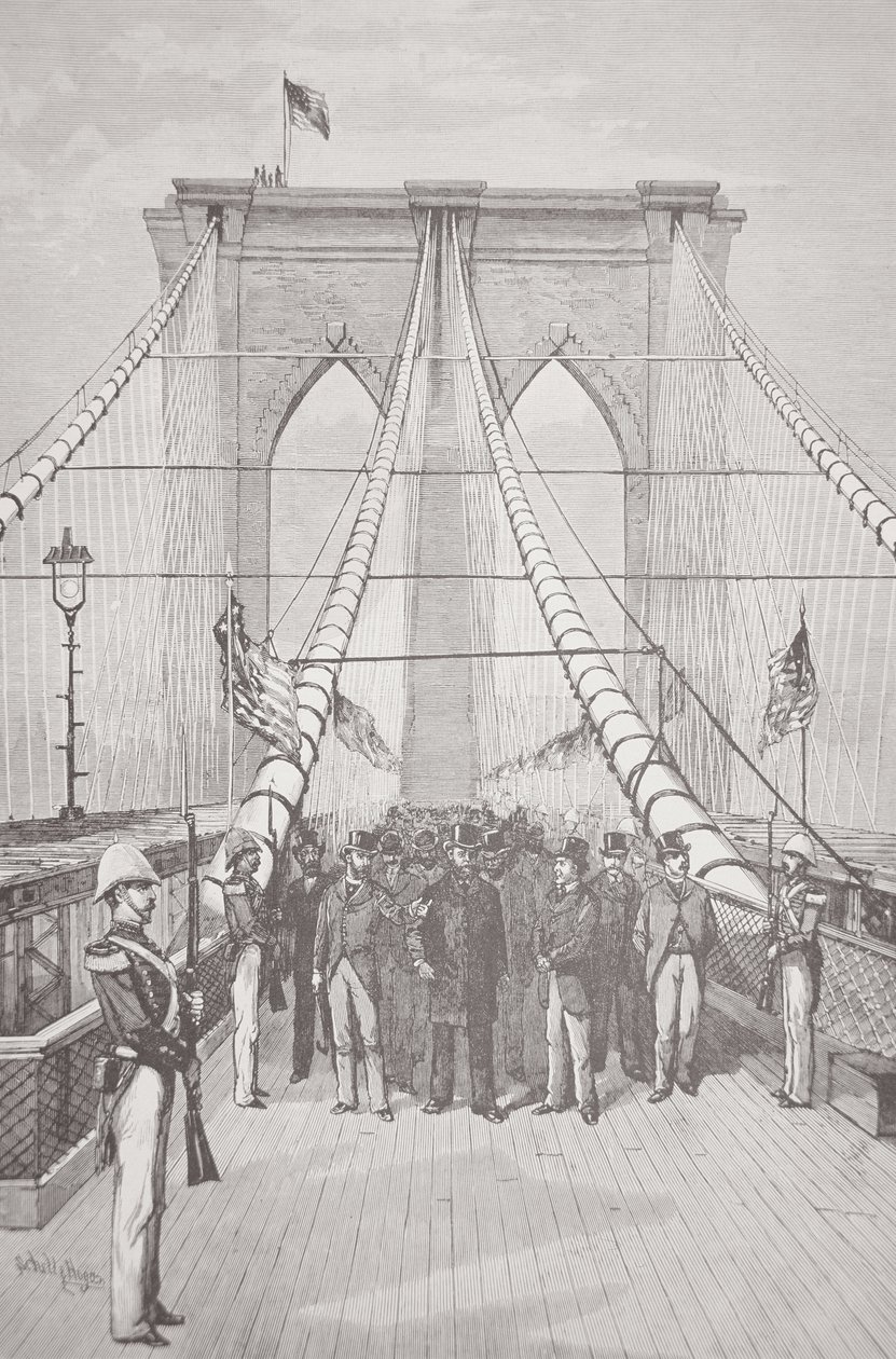 Prezident Chester A. Arthur na slavnostním otevření nového Brooklyn Bridge, 24. května 1883 (litho) od American School