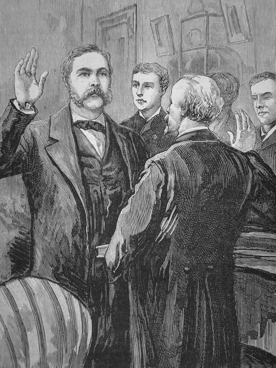 Prezident Chester A. Arthur složil přísahu po smrti Jamese Garfielda dne 20. září 1881 (litho) od American School