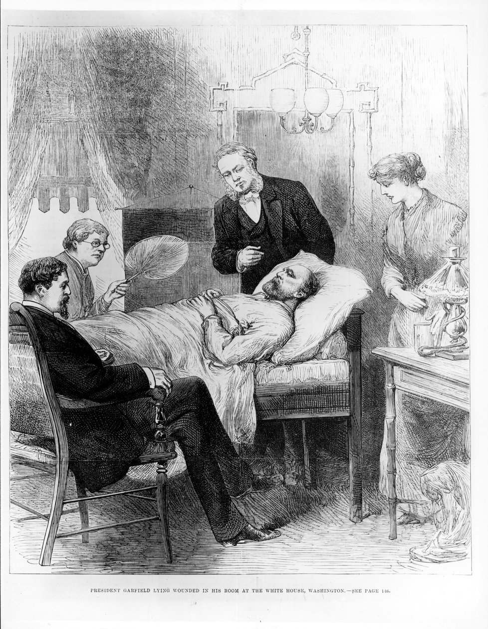 Prezident Garfield ležící zraněný ve svém pokoji v Bílém domě ve Washingtonu od American School