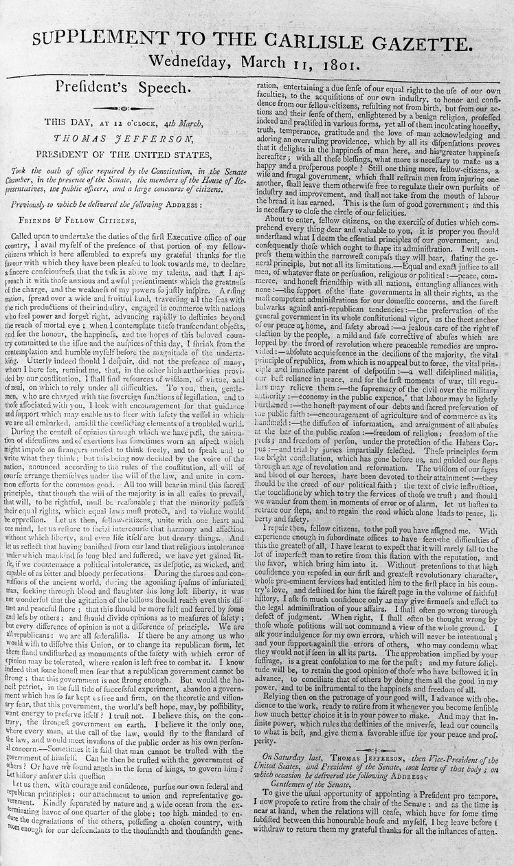 Inaugurační projev prezidenta Jeffersona, dodatek k Carlisle Gazette, 11. března 1801 od American School