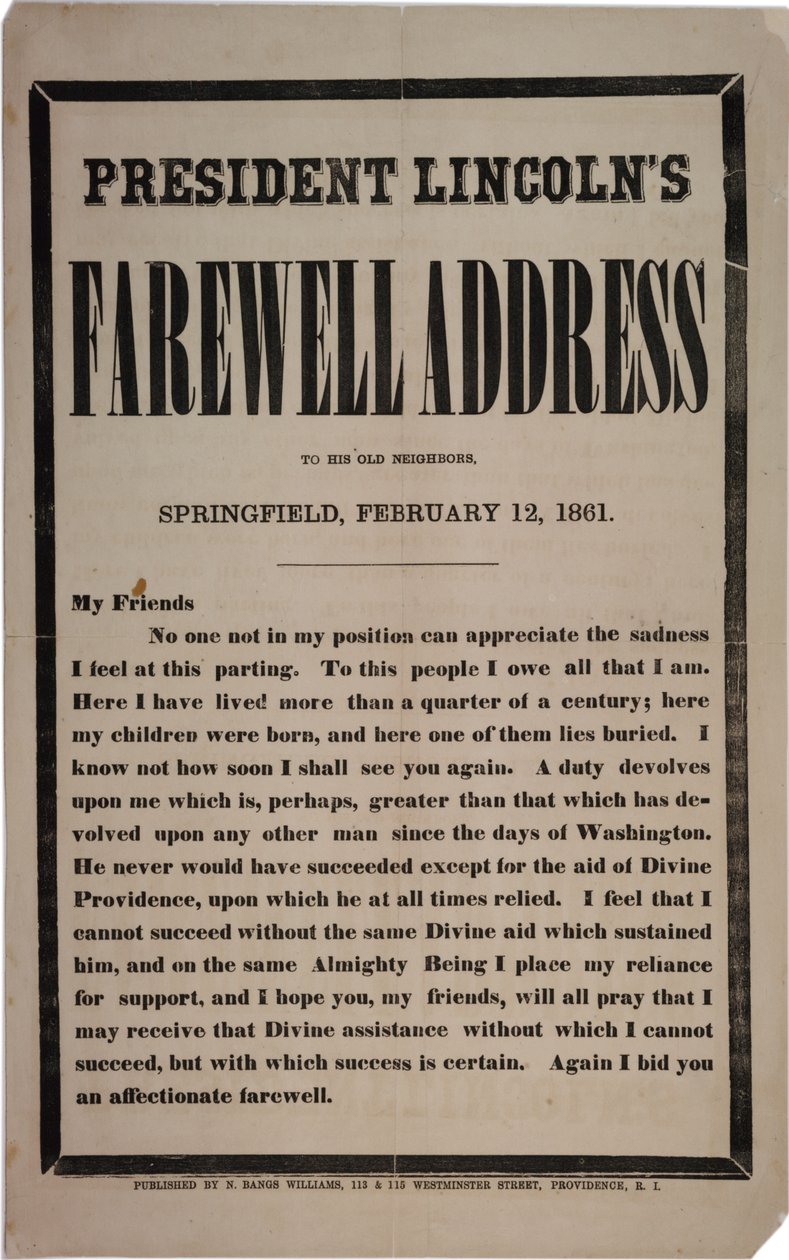 Projev prezidenta Lincolna na rozloučenou k jeho starým sousedům, Springfield, 12. února 1861 od American School