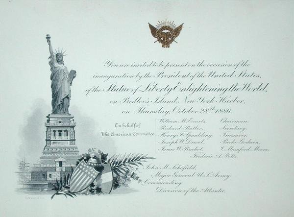 Prezidentská pozvánka na inauguraci Sochy svobody, čtvrtek 28. října 1886 (rytina) od American School