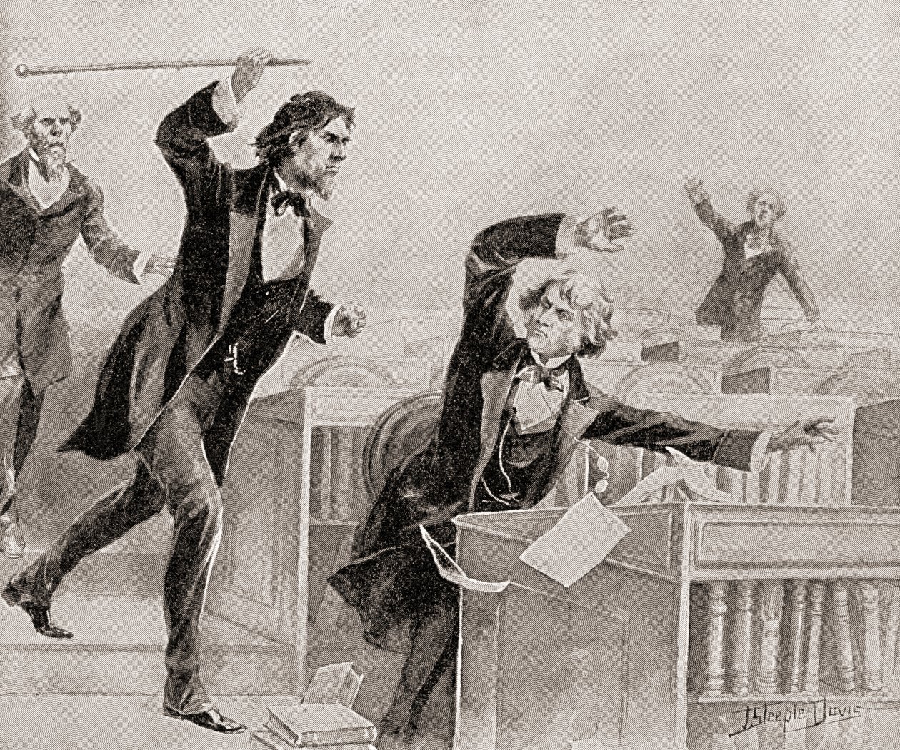 Preston Smith Brooks, horlivý zastánce otroctví, napadl 22. května na podlaze Senátu Spojených států s holí senátora Charlese Sumnera, abolicionistu. od American School