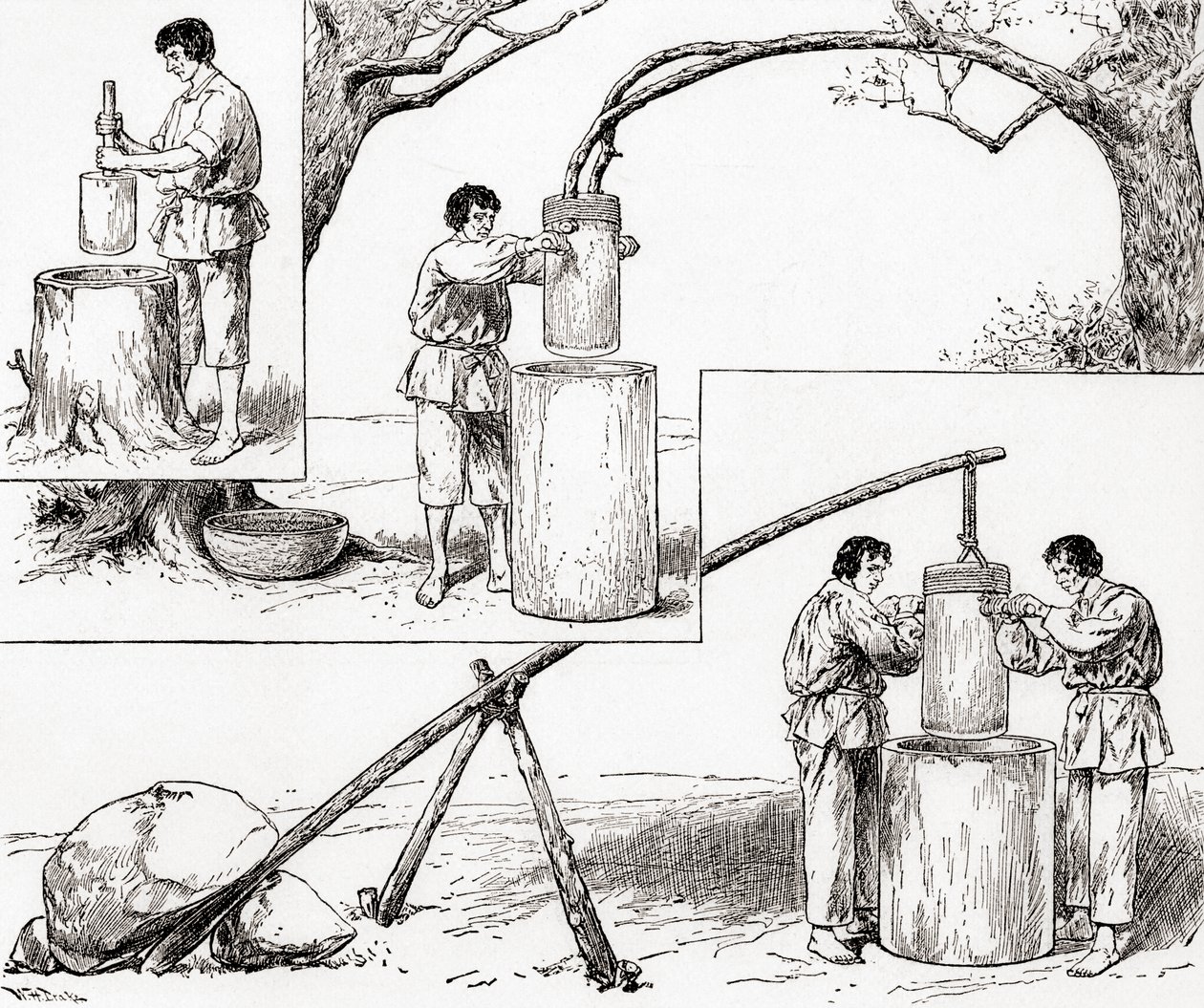 Primitivní způsoby mletí kukuřice, z „The Century Illustrated Monthly Magazine“, vydaného v roce 1884 (dřevoryt) od American School