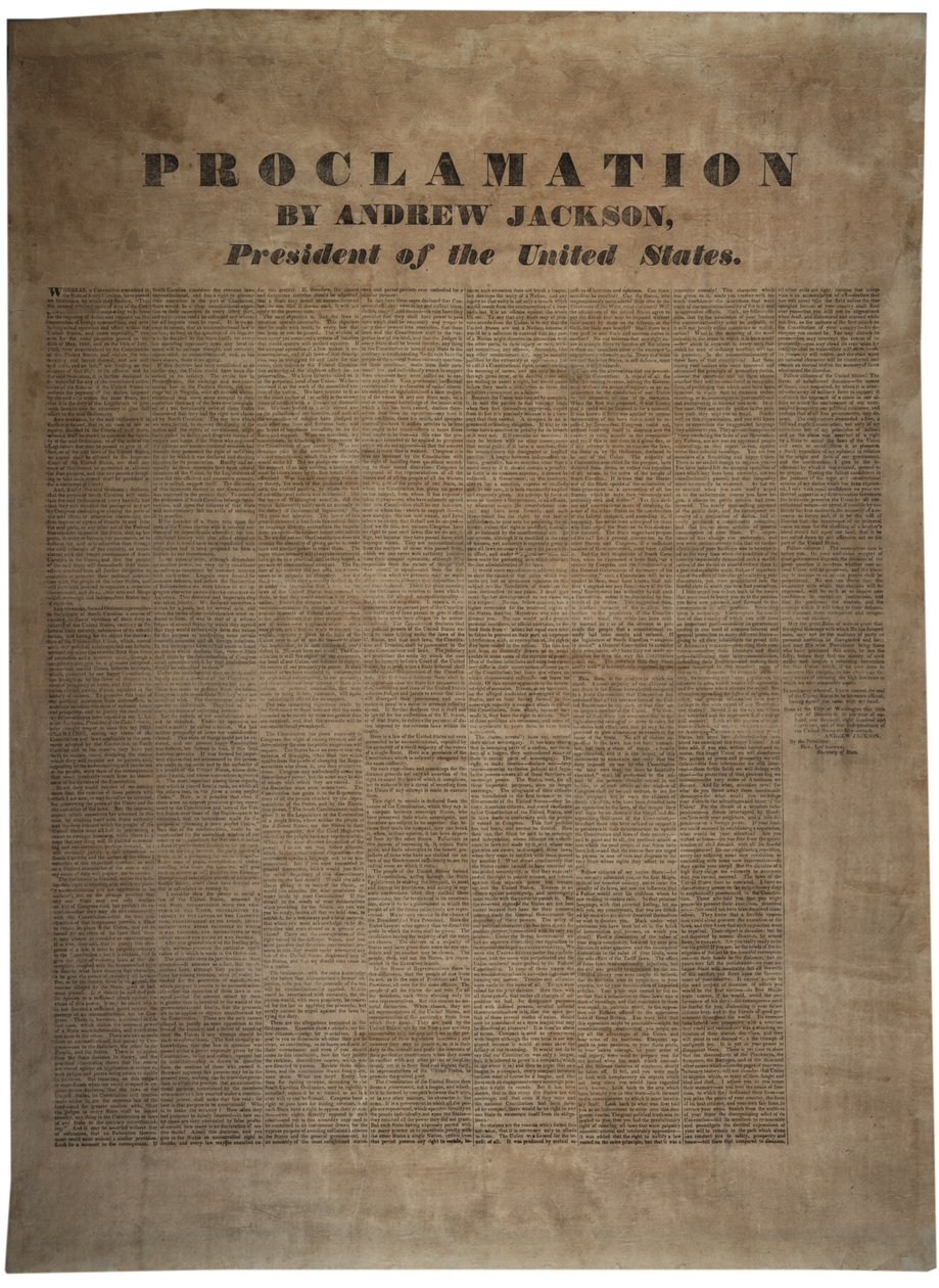 Provolání Andrew Jackson (1767-1845), prezident Spojených států, 10. prosince 1832 od American School