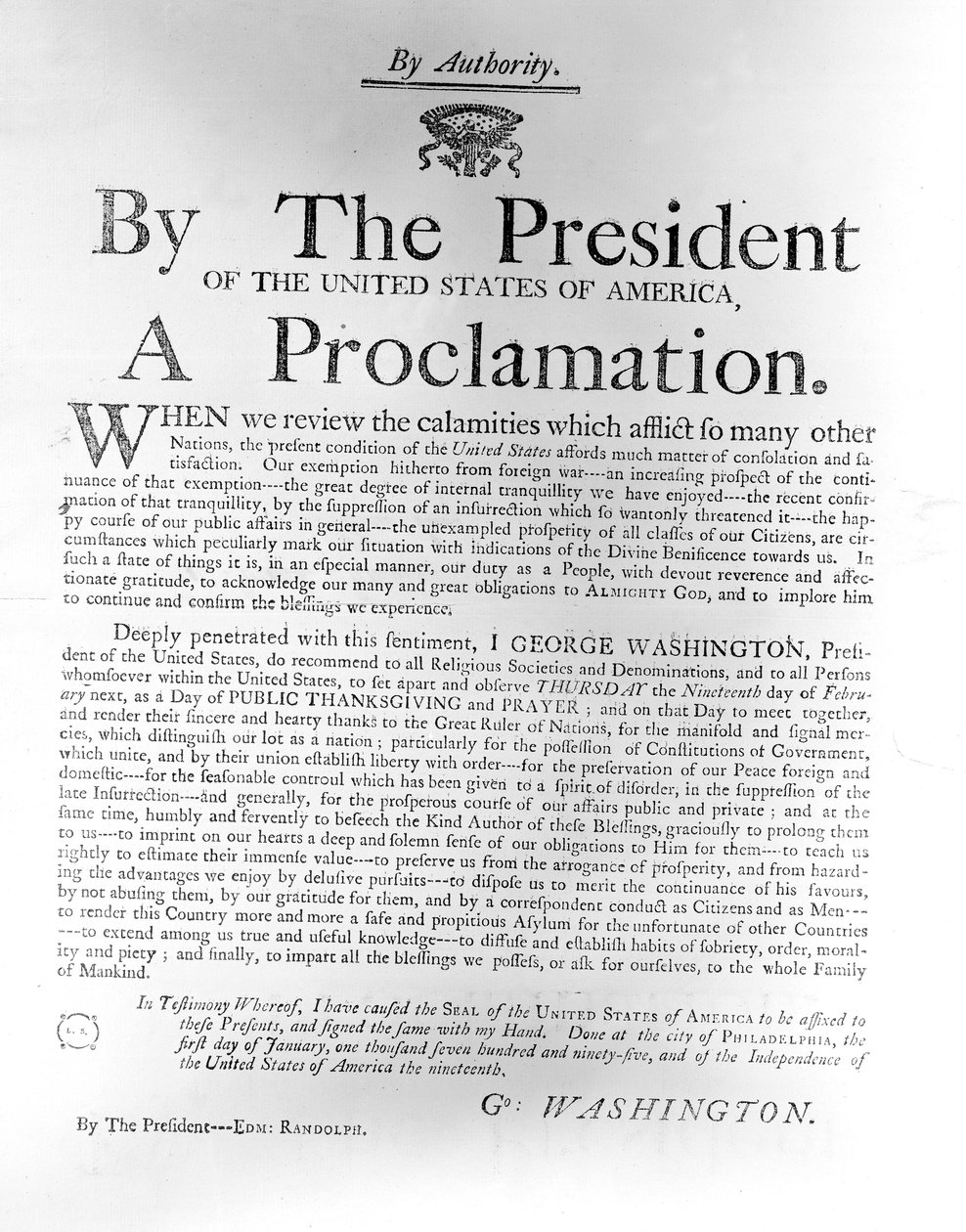 Provolání prezidenta George Washingtona (1732-99), kterým se čtvrtek 19. února 1795 vymezuje jako den veřejného díkůvzdání a modliteb (novinový tisk) od American School