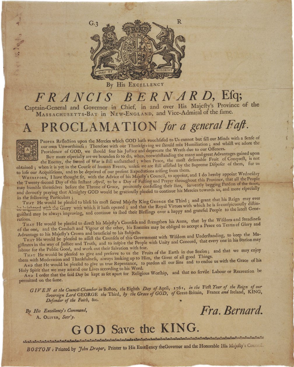 Provolání jménem Francise Bernarda, guvernéra Massachusetts Bay: oznamující den půstu během francouzské a indické války, 8. dubna 1761 od American School
