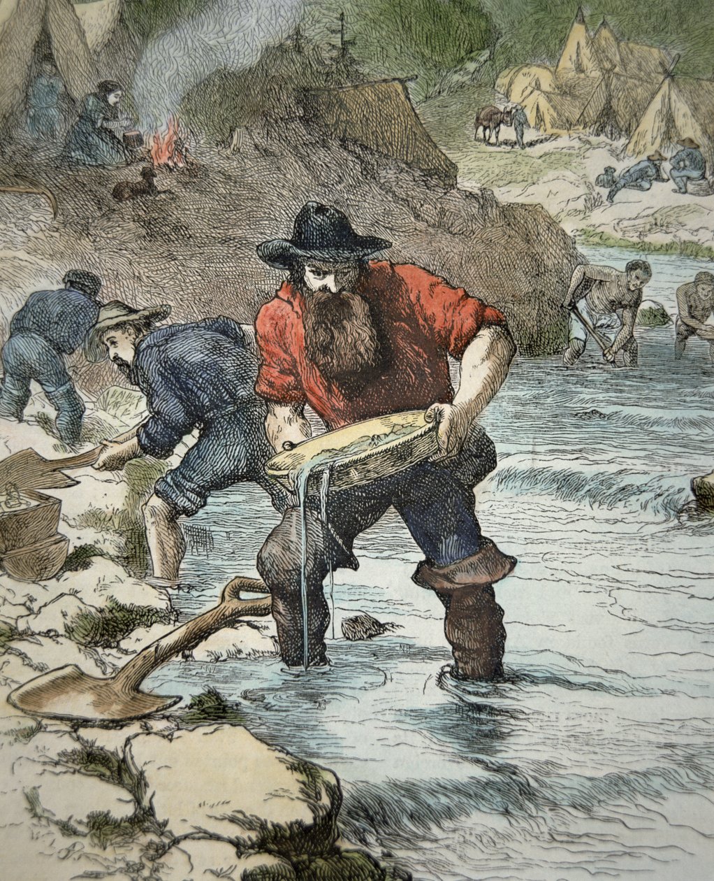 Prospektoři rýžují zlato během kalifornské zlaté horečky v roce 1849 (barevná rytina) od American School