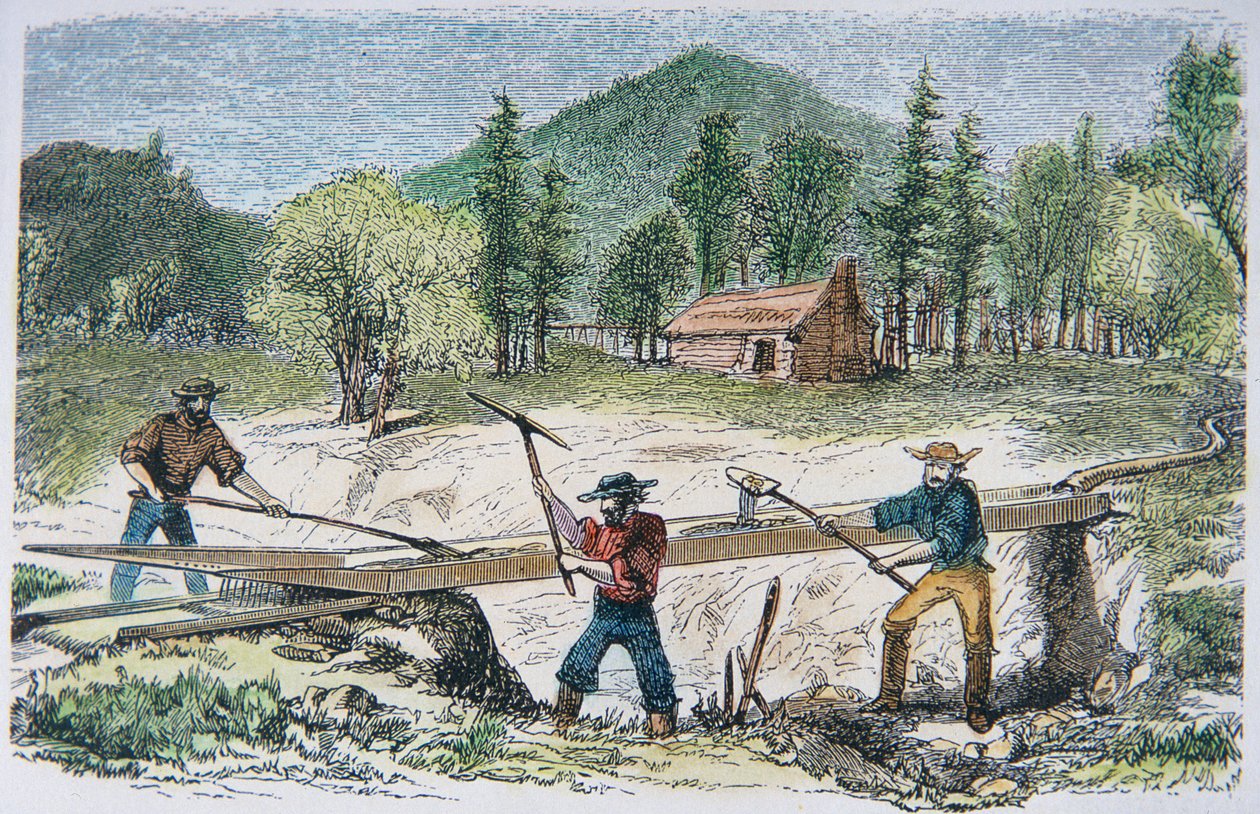 Prospektoři používající stavidlo během kalifornské zlaté horečky v roce 1849 (barevné lito) od American School