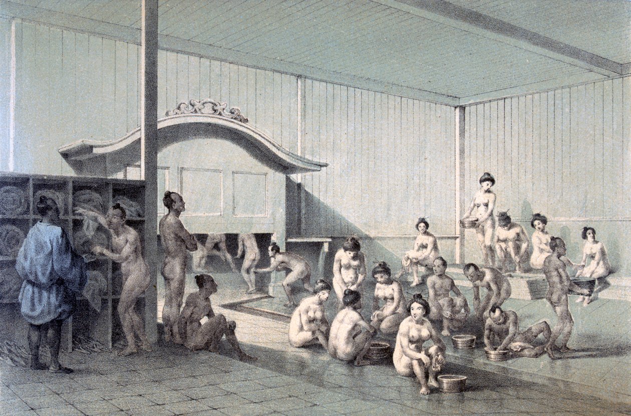 Veřejné lázně v Simoda, 1856 (barevná akvatinta) od American School