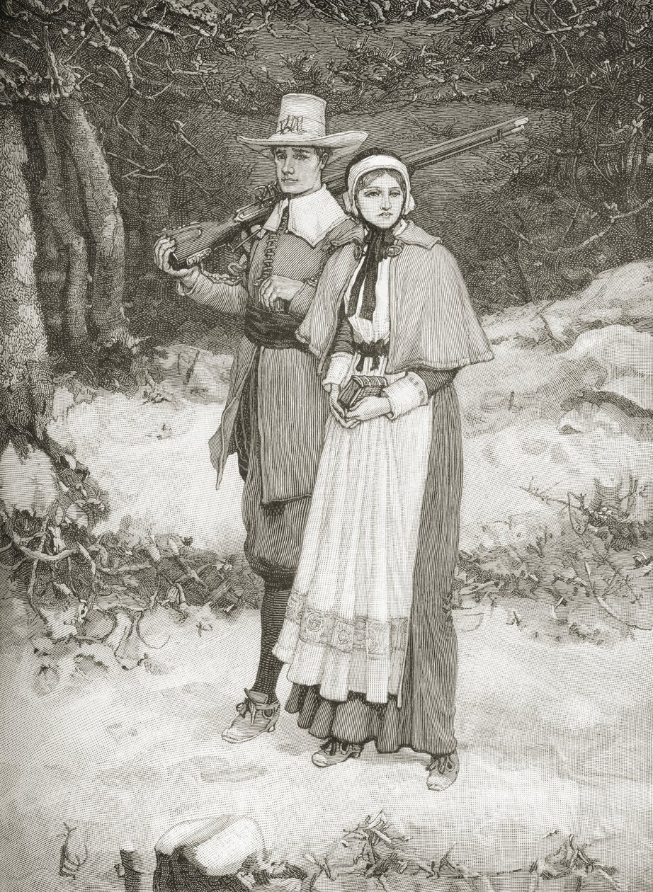 Puritáni jdoucí do kostela, z „Stručné historie Spojených států“, vydané nakladatelstvím A. S. Barnes und Co. v roce 1885 od American School