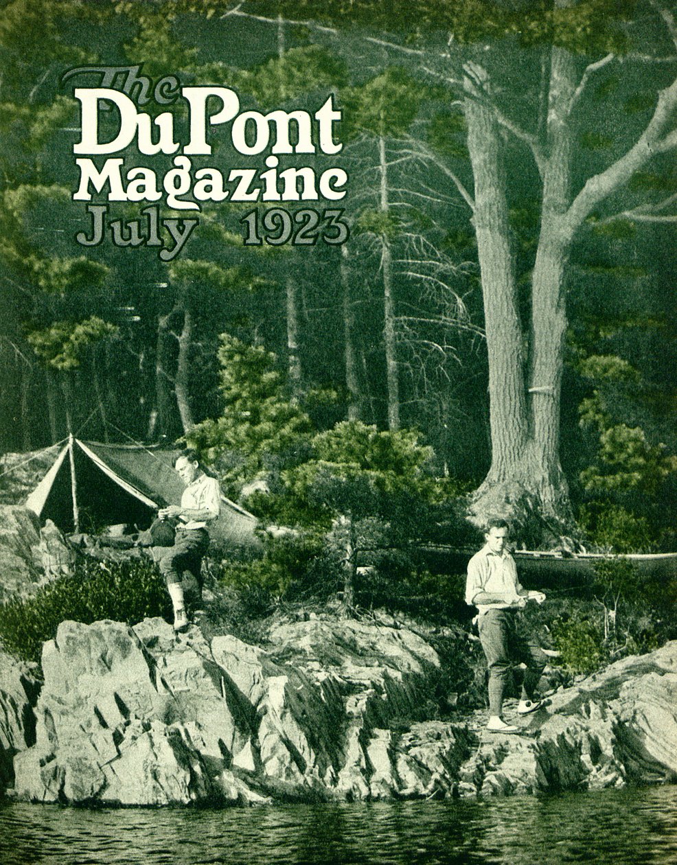 Pyralin jde na ryby, přední strana časopisu DuPont Magazine, červenec 1923 od American School