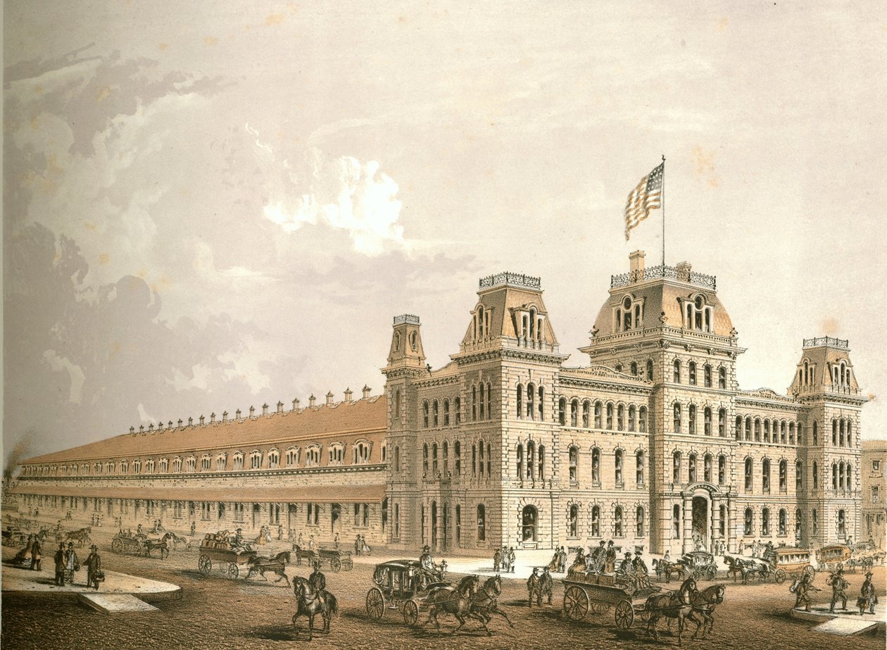 Railroad Depot, od Chicago Illustrated, s literárními popisy Jamese W. Sheahana, publikoval Jevne & Almini, Chicago, 1866-67 od American School