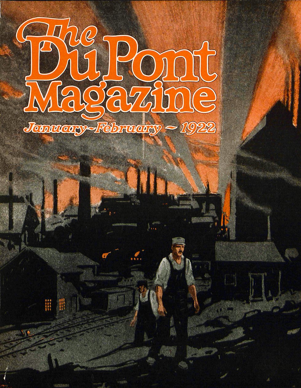 Raising a Railroad Bridge with Dynamite, přední obálka časopisu DuPont, leden-únor 1922 od American School
