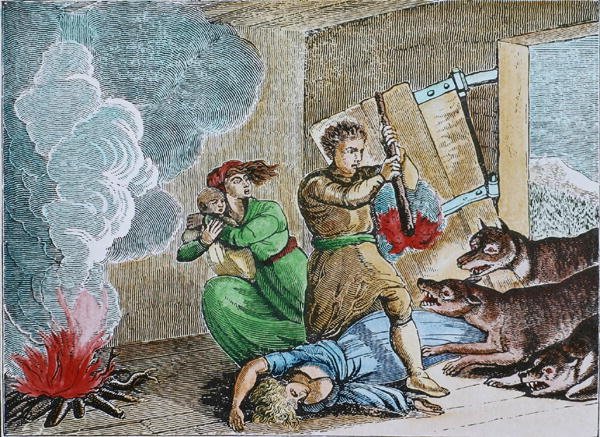 Hladoví vlci vtrhnou do srubu pionýra (barevná rytina) od American School