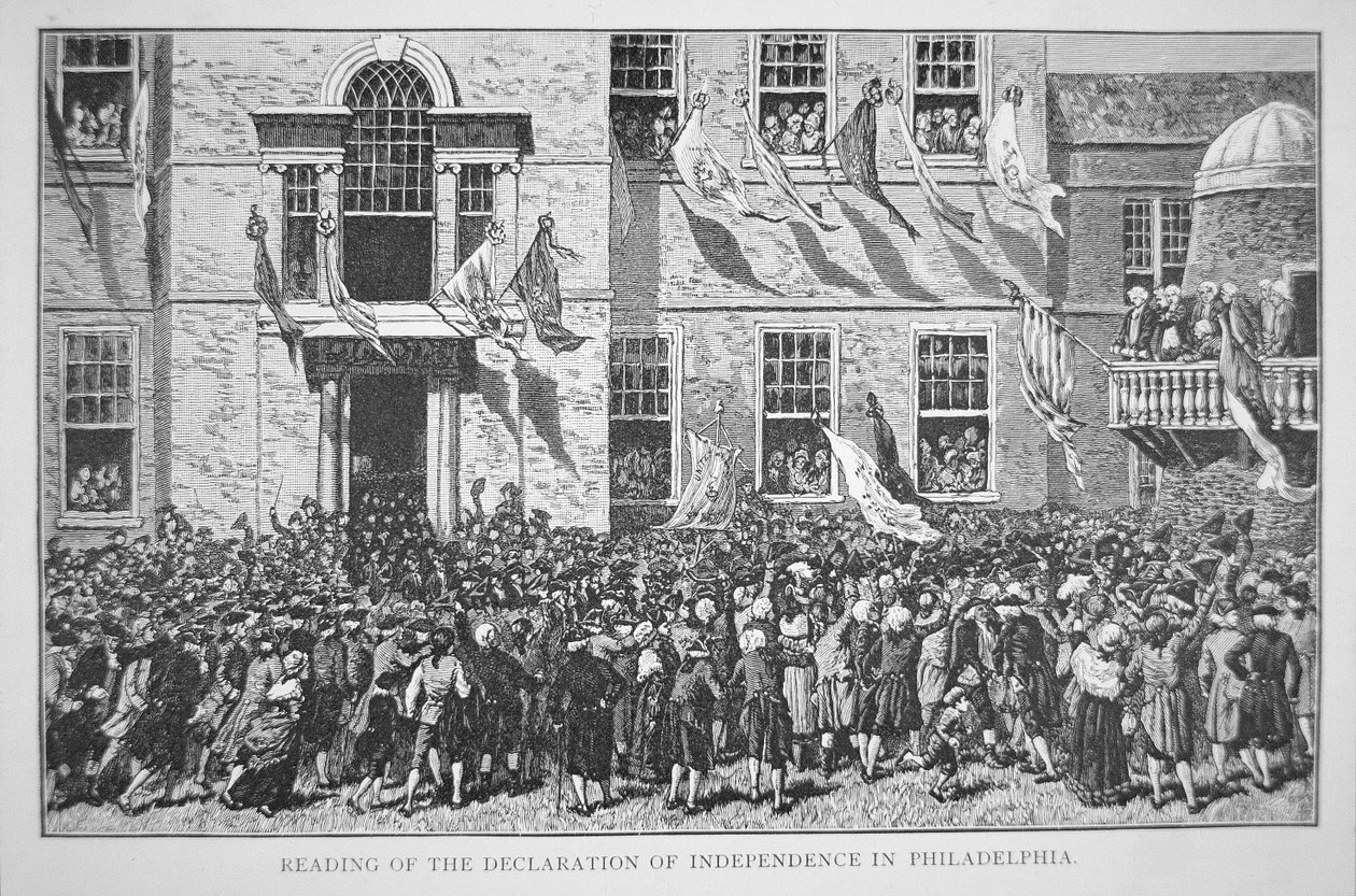 Čtení Deklarace nezávislosti občanům Philadelphie, 8. července 1776 (litho) od American School