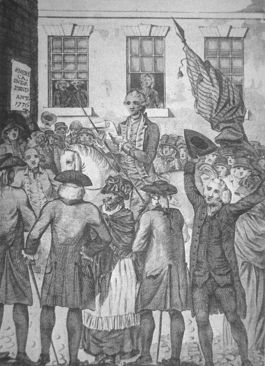 Čtení Deklarace nezávislosti veřejnosti v roce 1776 (litho) od American School
