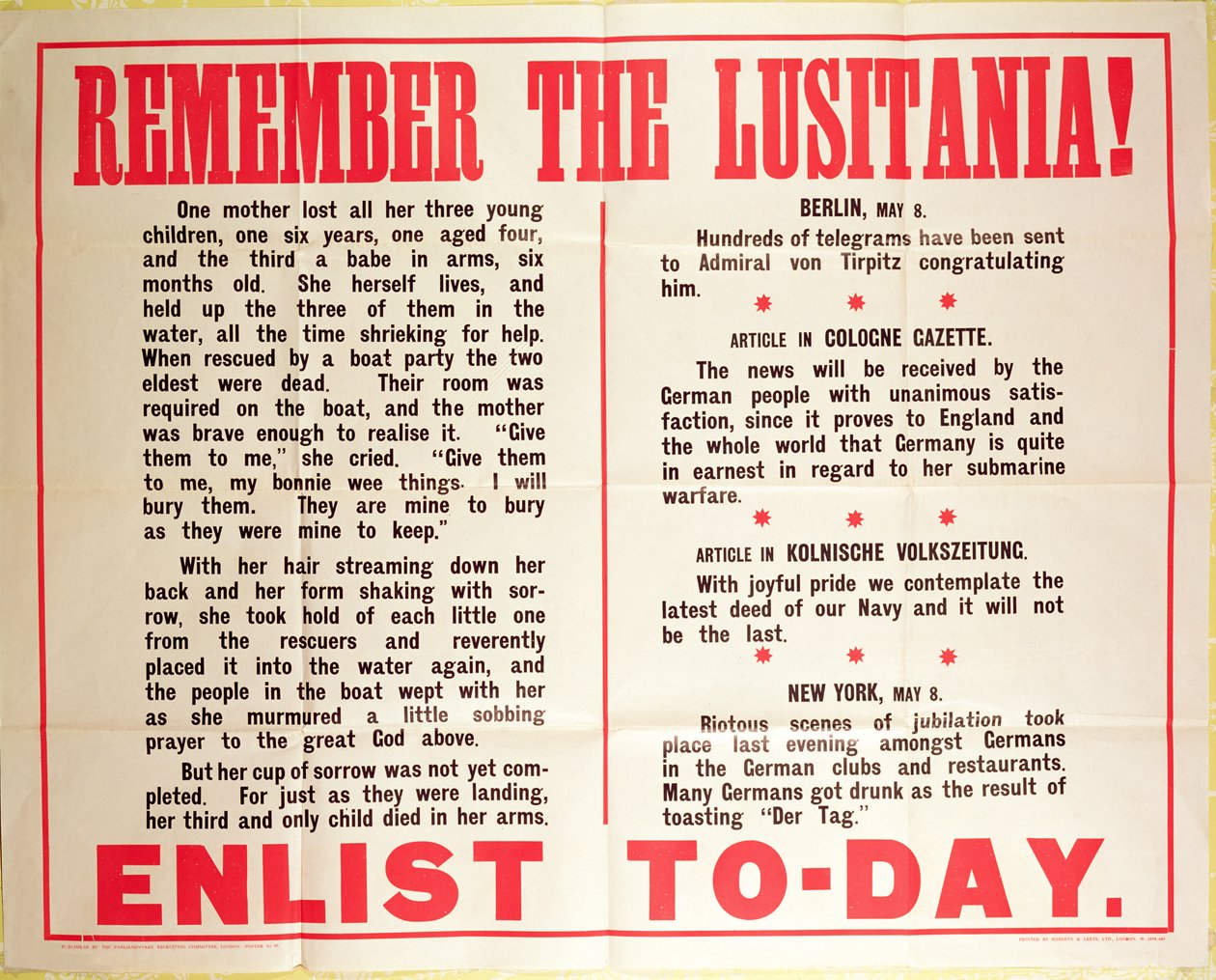 Náborový plakát "Remember the Lusitania" z 1. světové války od American School