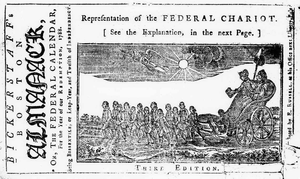 Representation of the Federal Chariot, cover ilustrace z Bickerstaffs Boston Almanack, vydáno 1788 od American School
