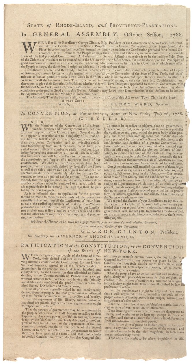 Usnesení tisknoucí návrh NYS na změny ústavy, říjen 1788 od American School