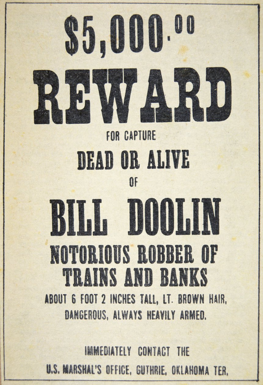 Plakát s odměnou pro Billa Doolina (1858-96) (litho) od American School