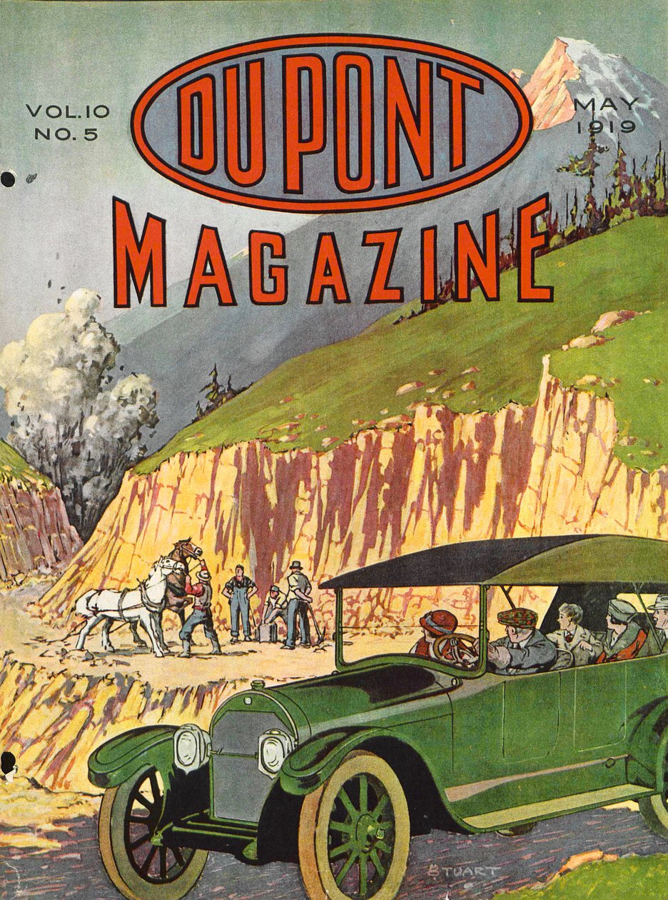 Stavba silnic, přední strana časopisu DuPont Magazine, květen 1919 od American School
