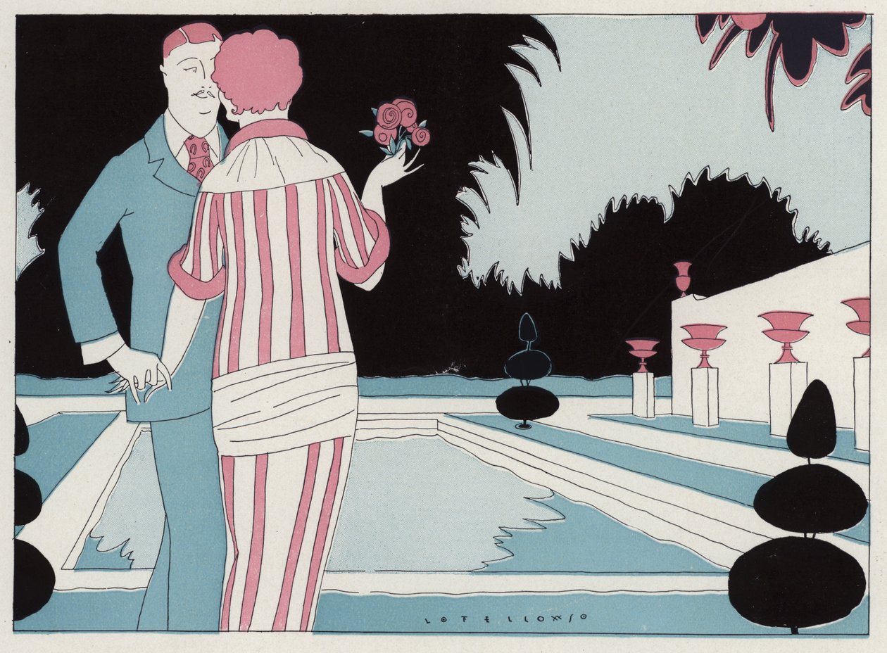 Romantický pár držící se za ruce u bazénu, scéna z povídky J. A. Waldrona Prospective Honeymooners (barevná litografie) od American School