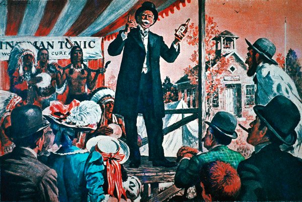 Rural America: cestující prodejce toniku „všeholék“ (barva litho) od American School