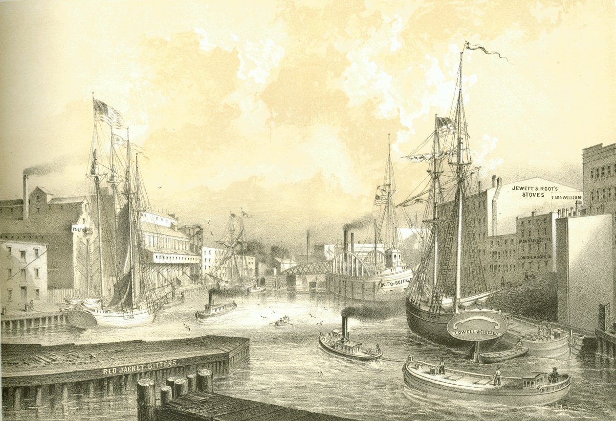 Rush Street Bridge, Pohled ze State Street, od Chicago Illustrated, s literárními popisy Jamese W. Sheahana, vydal Jevne & Almini, Chicago, 1866-67 od American School