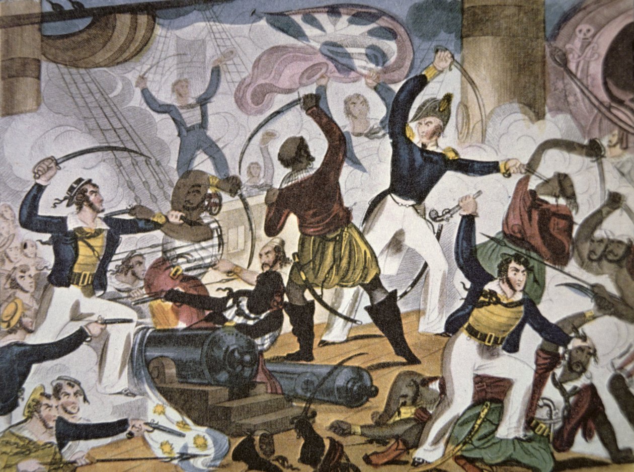 Námořníci Královského námořnictva nastupují na alžírské pirátské plavidlo, kolem 1820 (barva litho) od American School